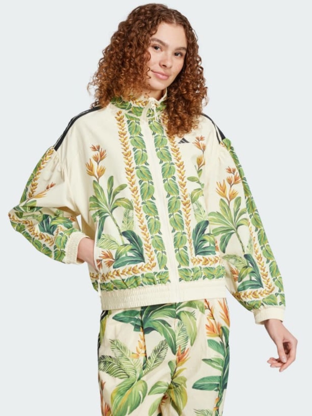 adidas xFARM Rio Cream Bomber Jacket with Green & Yellow Tropical Print